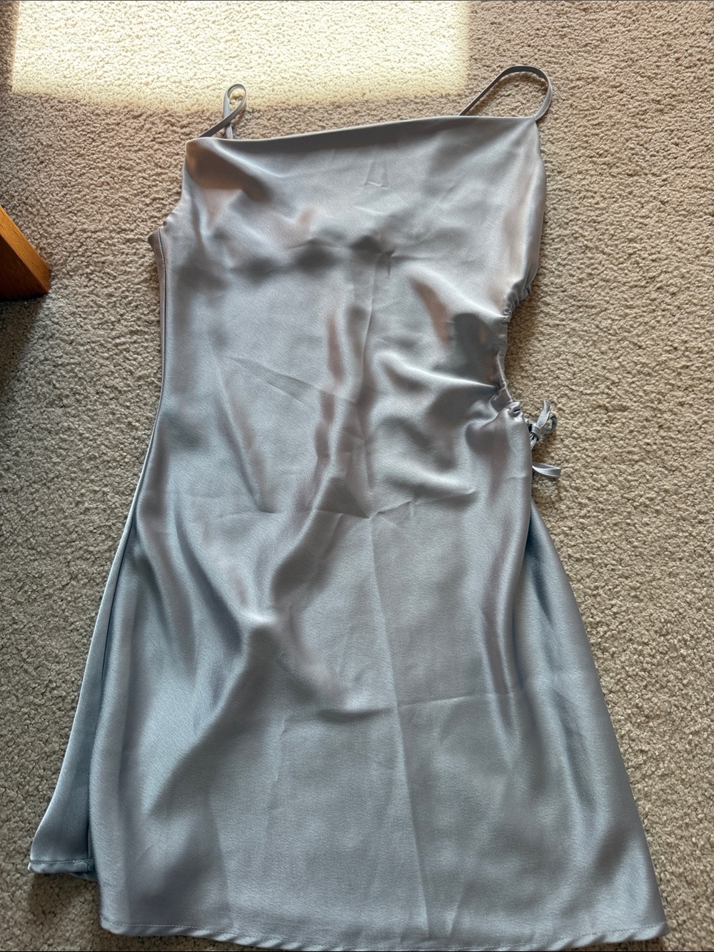 Satin, blueish silver cowl neck minidress